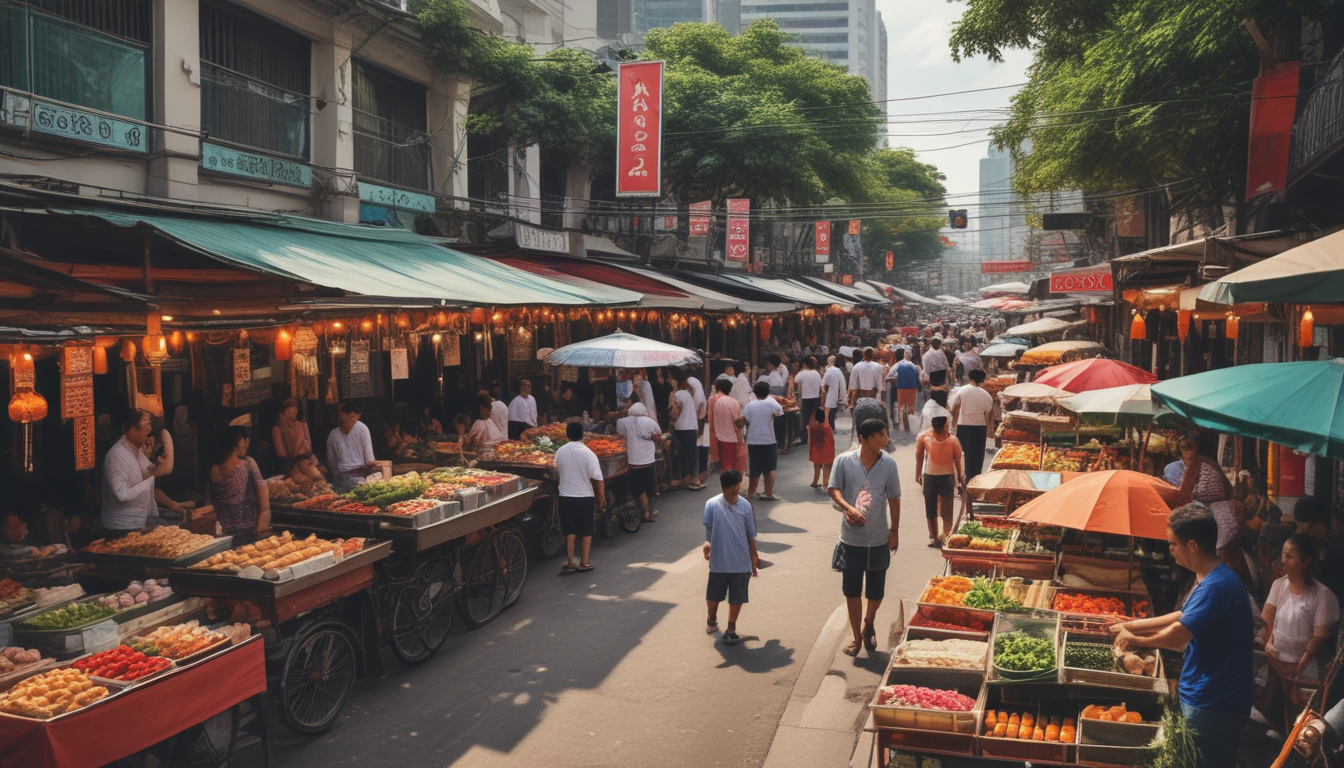 Vibrant Bangkok street food scene with various food stalls and crowds