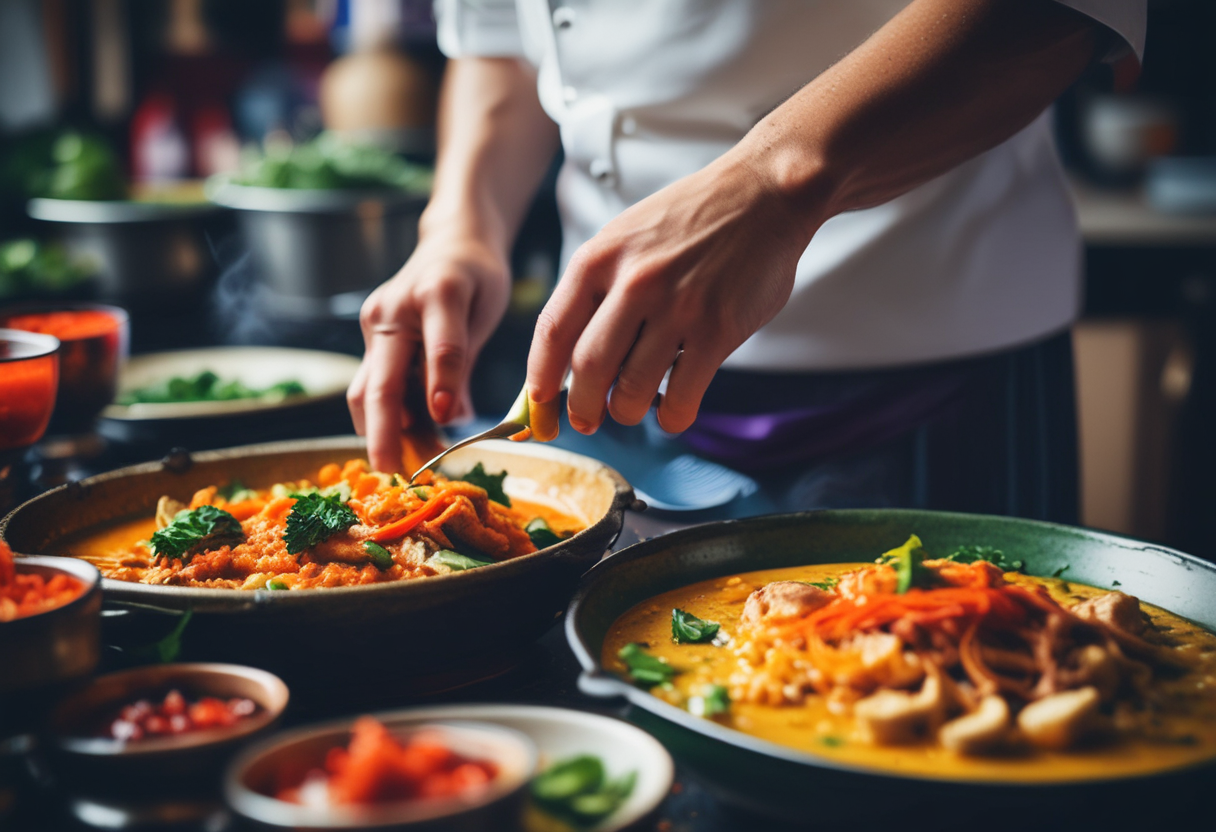 Chef preparing a colorful Thai curry in a large pot