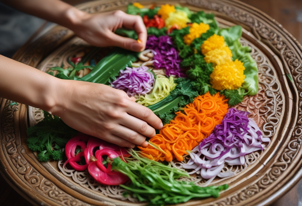 Hands carefully garnishing a Thai dish with carved vegetables