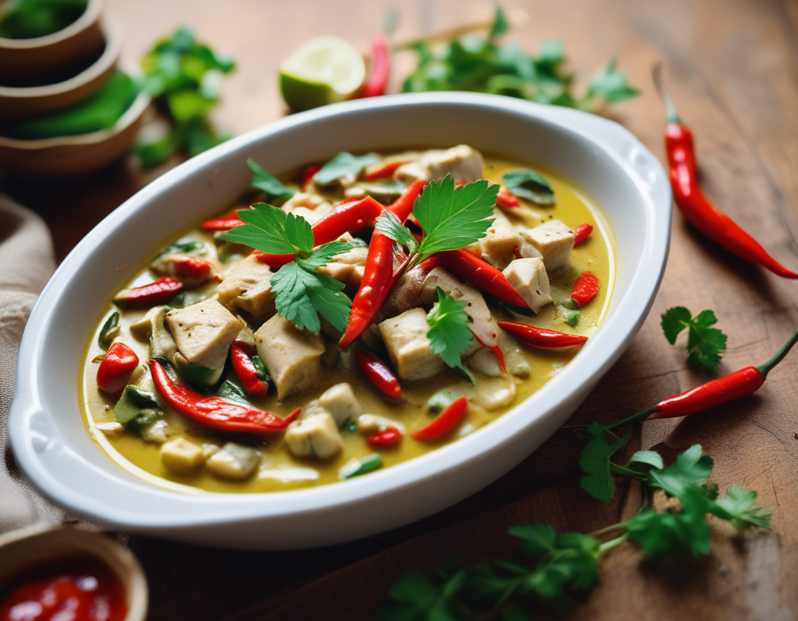 Thai green curry garnished with fresh herbs and chili