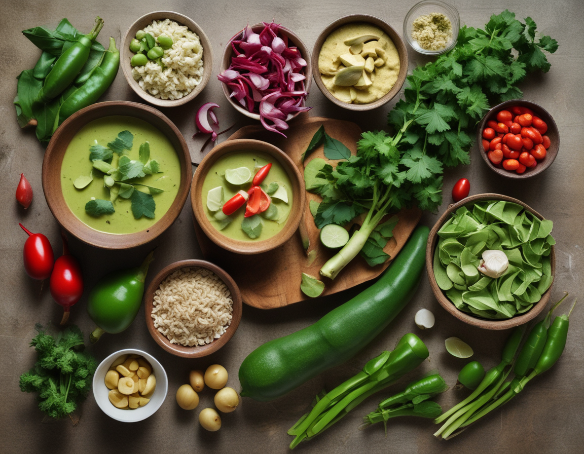 Fresh ingredients for Thai green curry, including lemongrass, kaffir lime leaves, and green chilies