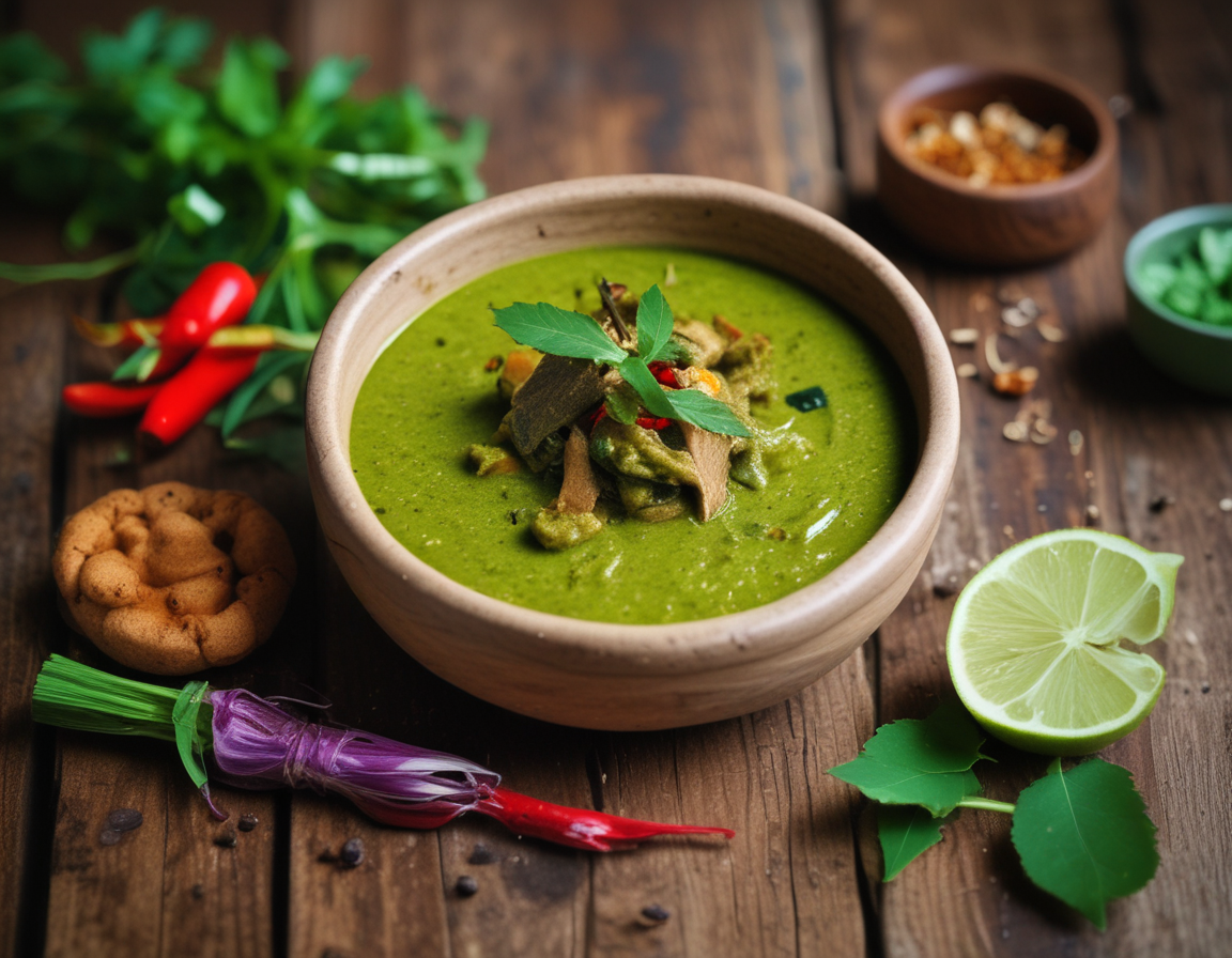 Homemade green curry paste with fresh herbs and spices