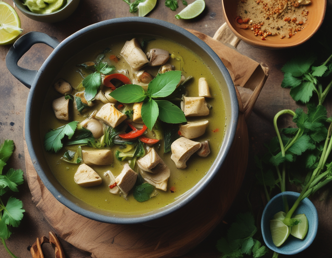 Thai green curry simmering in a pot
