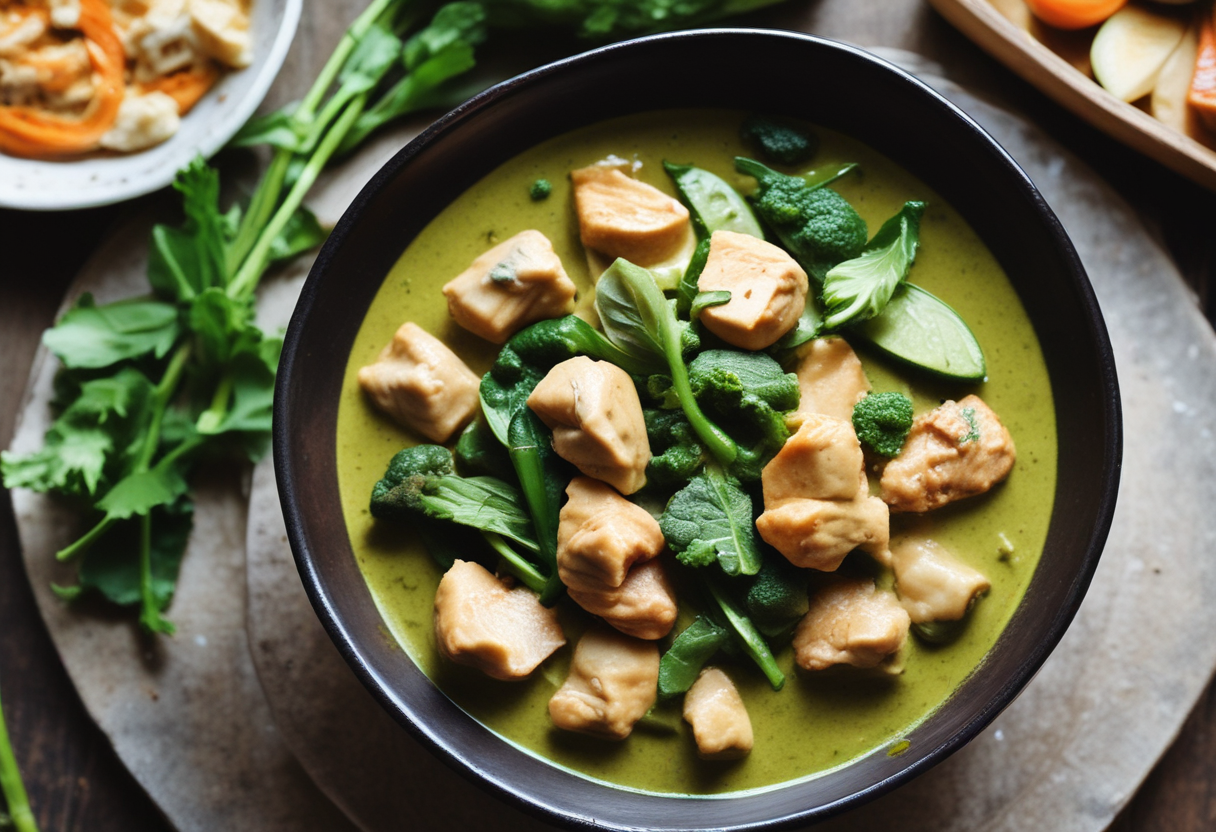 A bowl of green curry with vegetables and chicken
