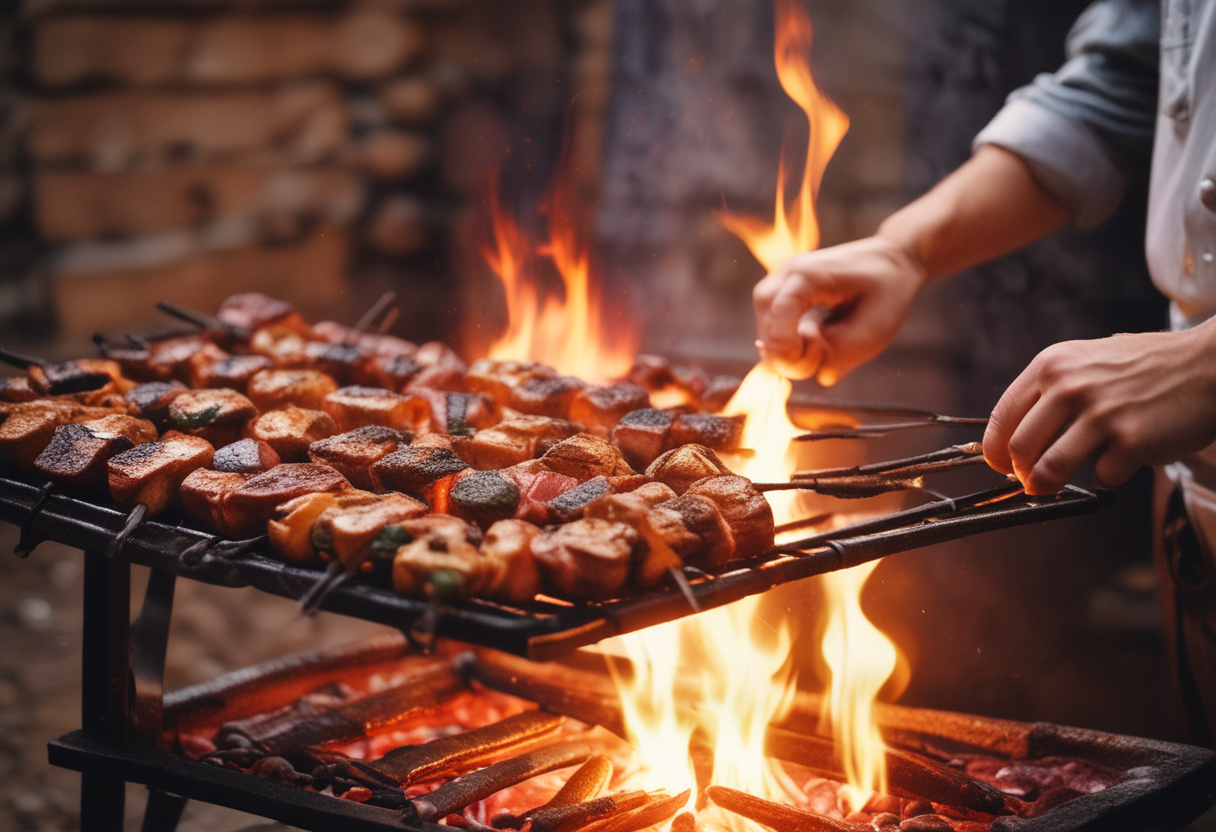 Chef grilling skewers of meat over an open flame