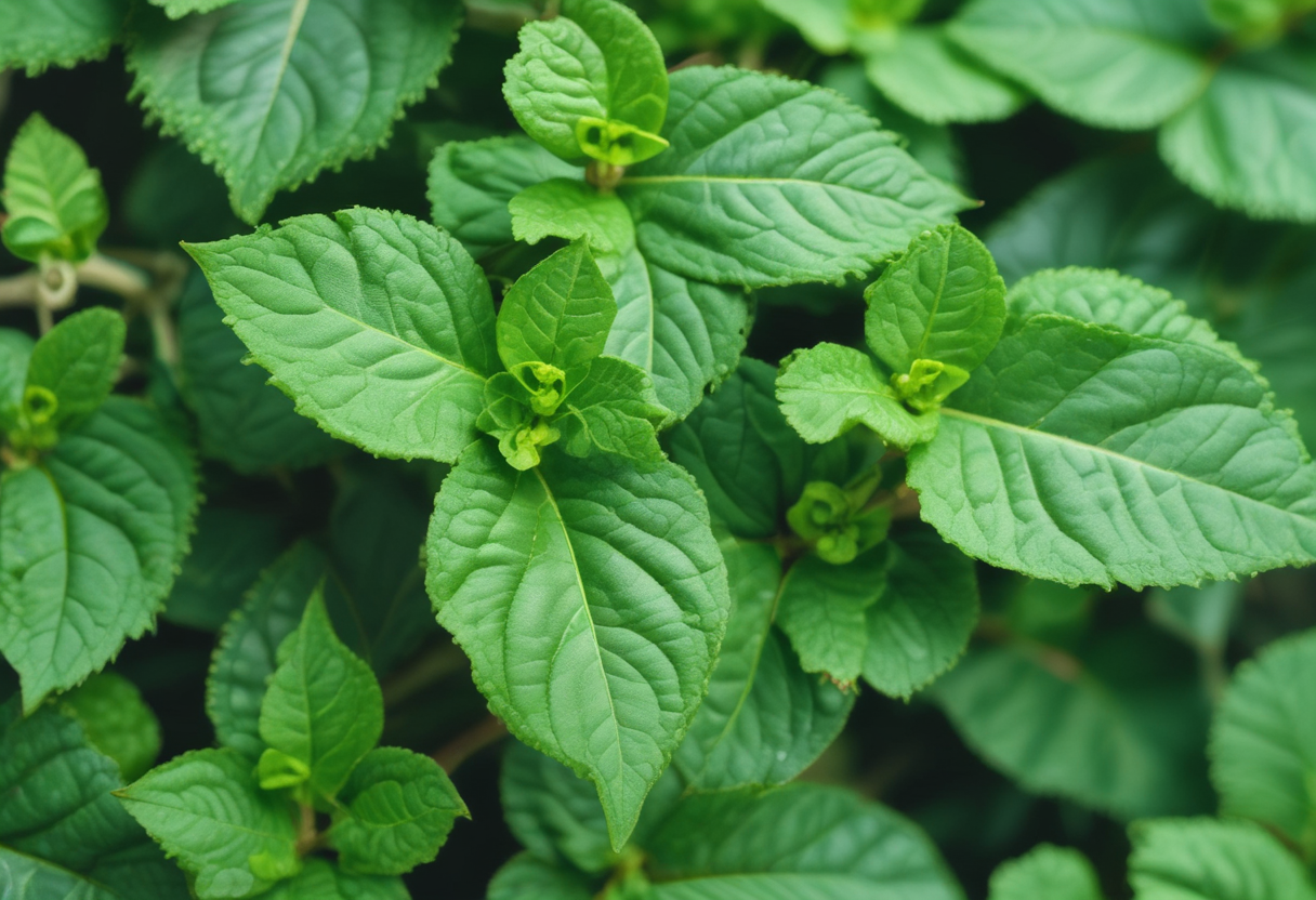 Close-up of fresh holy basil leaves