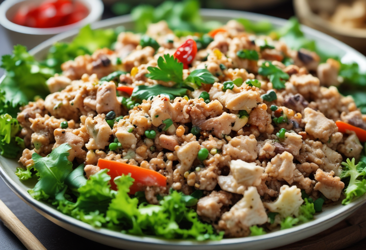 A plate of minced chicken salad with herbs
