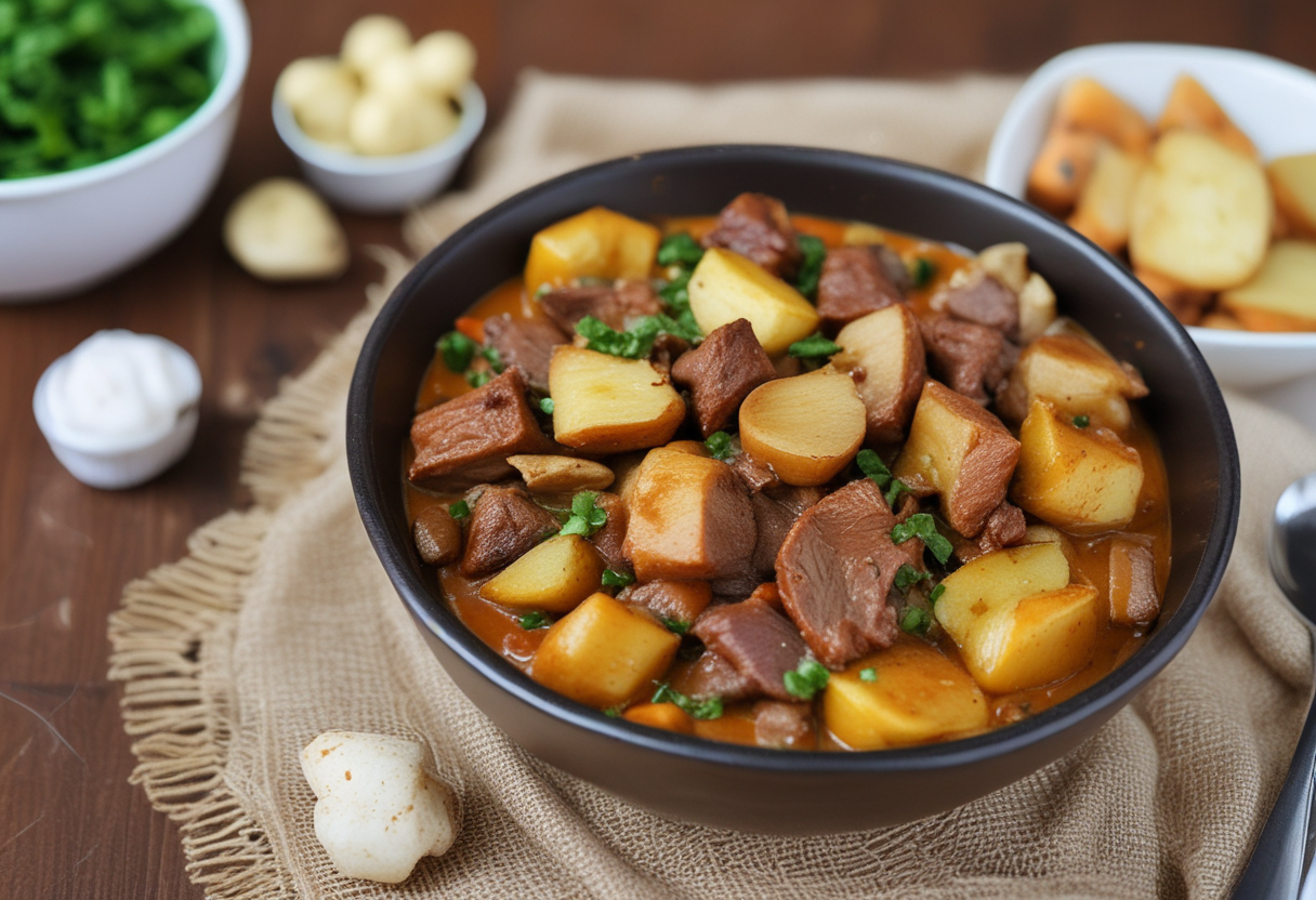 A bowl of rich Massaman curry with beef and potatoes