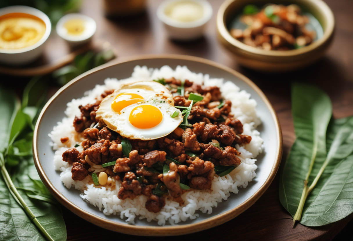 A plate of Pad Krapow Moo with a fried egg on top, served with jasmine rice