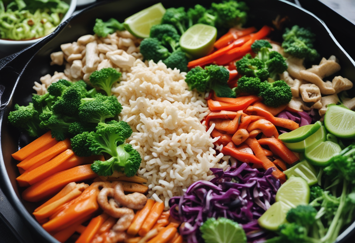 Fresh ingredients for Pad Krapow Moo including ground pork, holy basil, garlic, and chilies