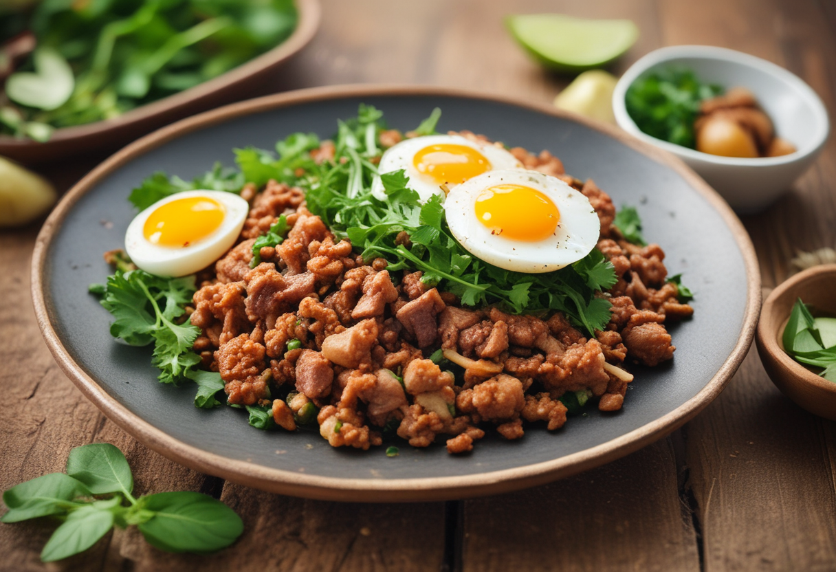 Plated Pad Krapow Moo with a fried egg and cucumber slices