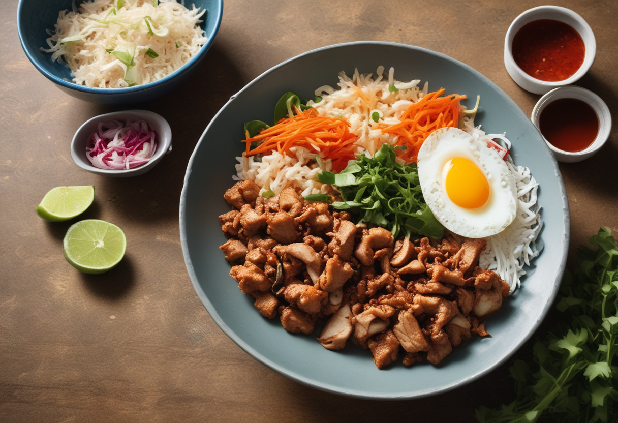 A set meal of Pad Krapow Moo with rice, fried egg, and som tam salad