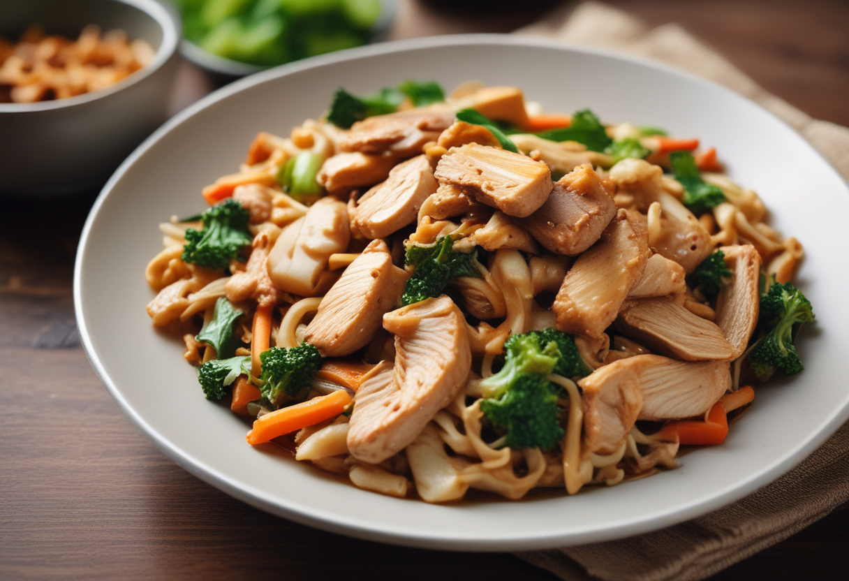 A plate of stir-fried wide rice noodles with chicken and vegetables