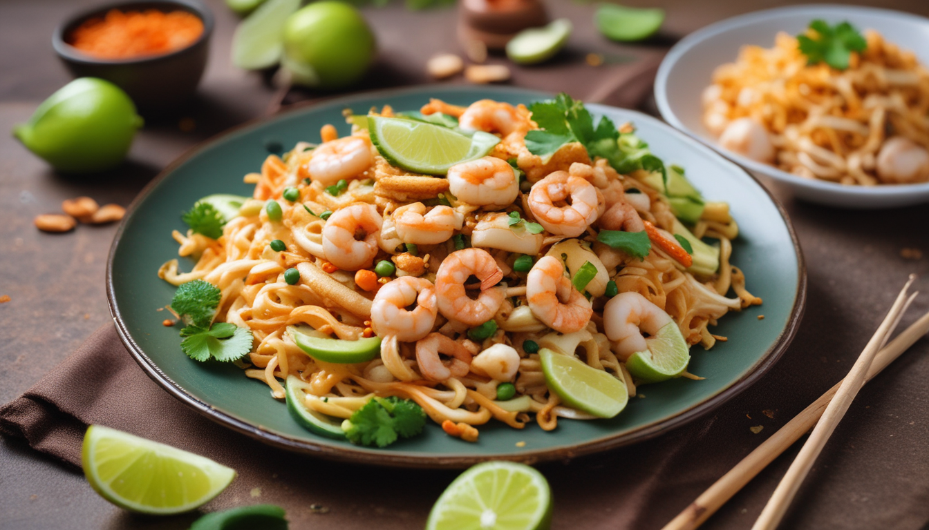 A colorful plate of Pad Thai with shrimp, peanuts, and lime