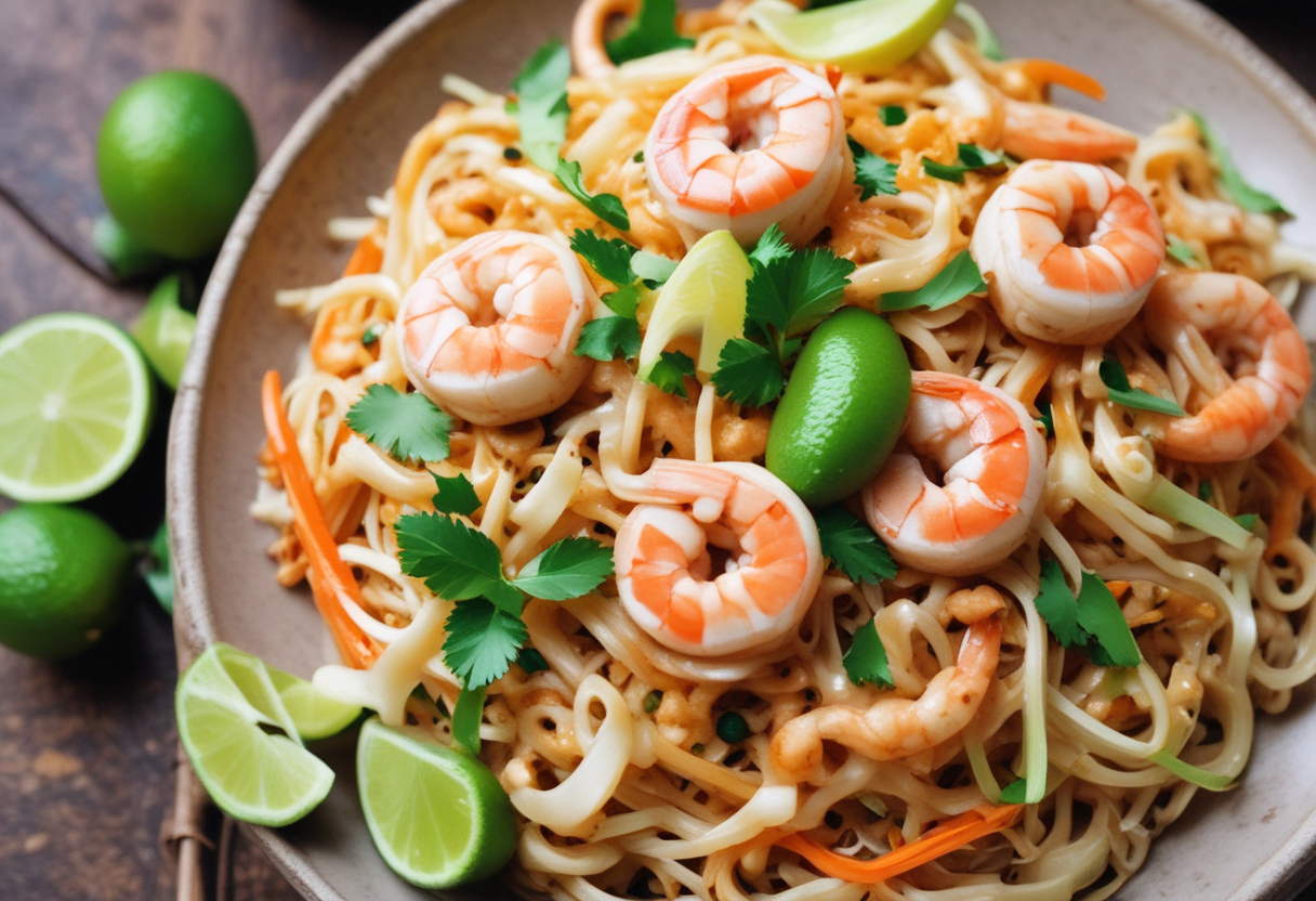 A plate of Pad Thai noodles with shrimp and lime