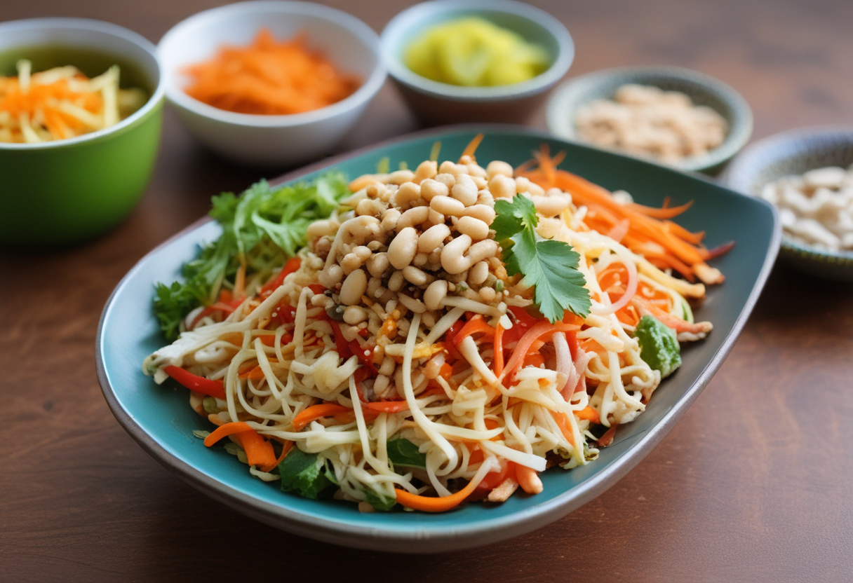 A plate of papaya salad with peanuts and dried shrimp