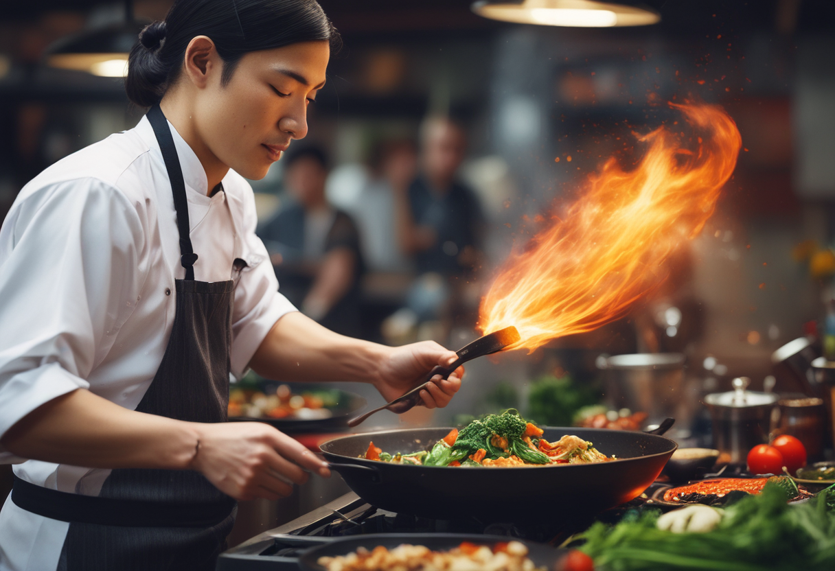 Chef stir-frying vegetables in a wok over high flame