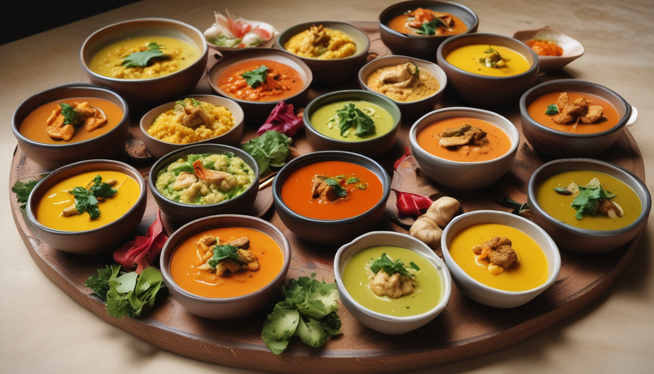 An array of colorful Thai curries in bowls