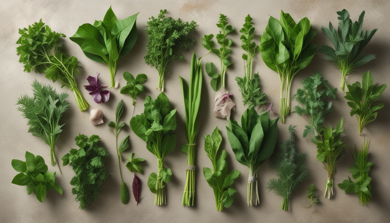 Various fresh Thai herbs including basil, lemongrass, and kaffir lime leaves