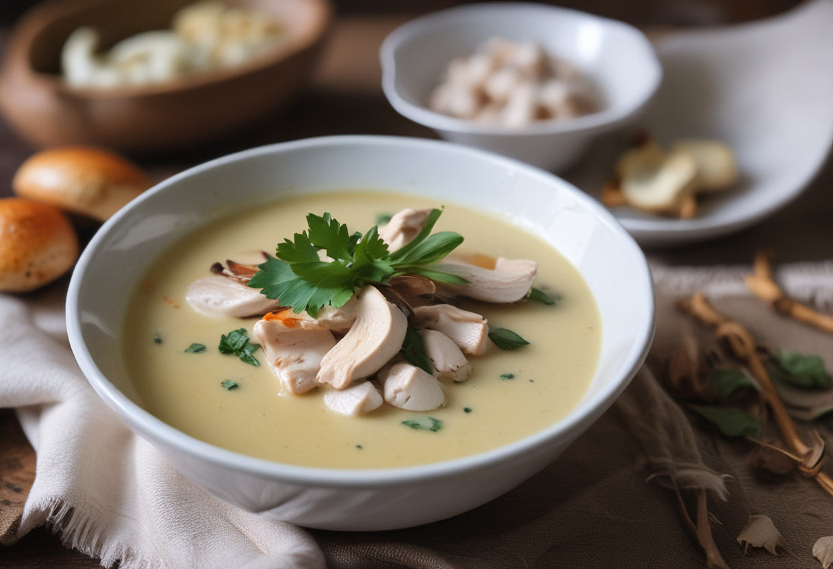A bowl of coconut soup with chicken and mushrooms