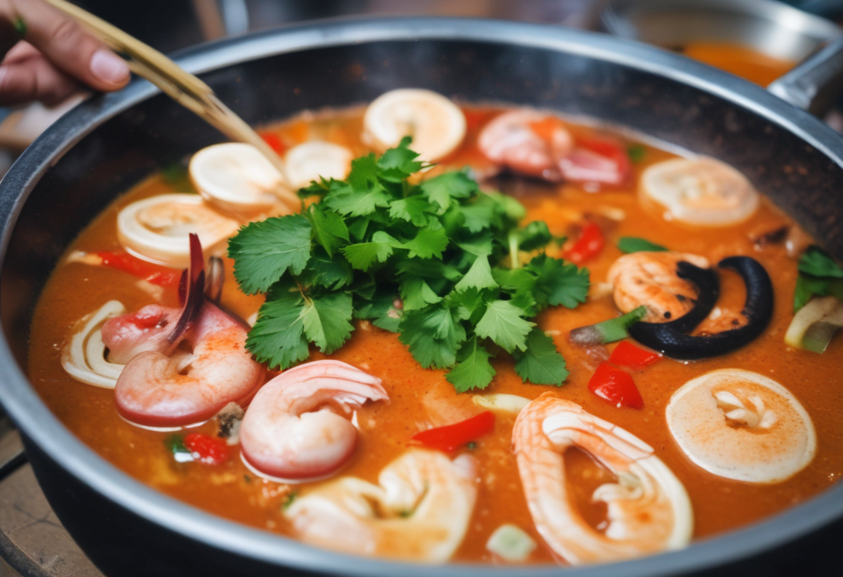 Tom Yum Goong being cooked in a pot