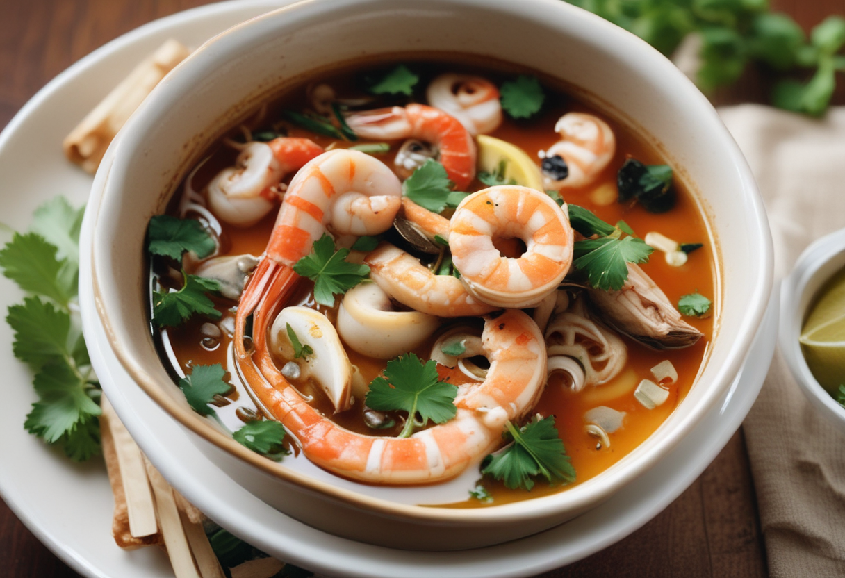 A steaming bowl of Tom Yum Goong soup with shrimp, mushrooms, and herbs