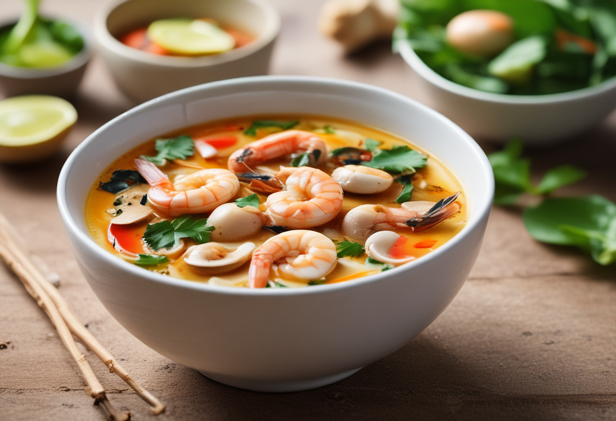 A steaming bowl of Tom Yum Goong soup with shrimp, mushrooms, and herbs
