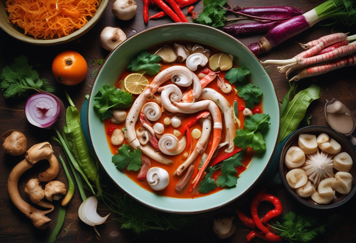 Fresh ingredients for Tom Yum Goong including lemongrass, kaffir lime leaves, galangal, and chili